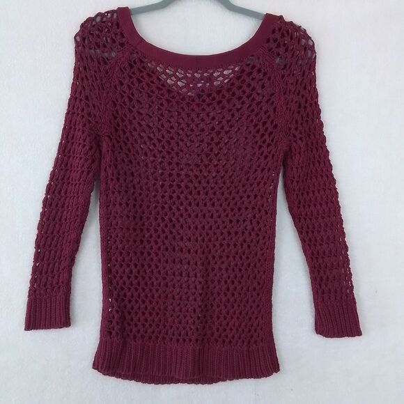 American Eagle‎ Open Knit Crocheted Sweater Size S Burgundy 100% Cotton - Picture 2 of 9